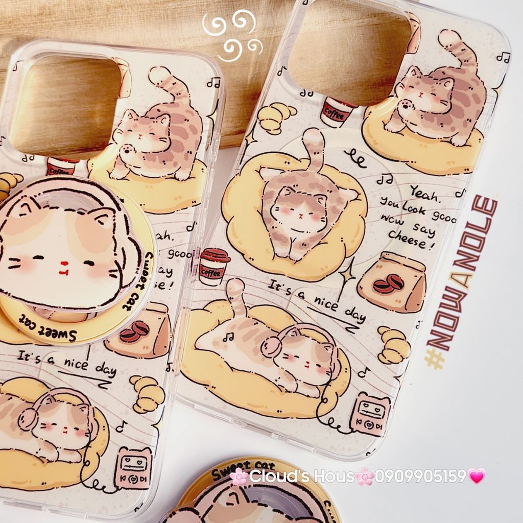 Case Ốp điện thoại iPhone Mèo Mập Lười Nice Day Kèm Popsocket Magsafe Nam Châm iPhone 11/12/13/14/15/Pro/Promax