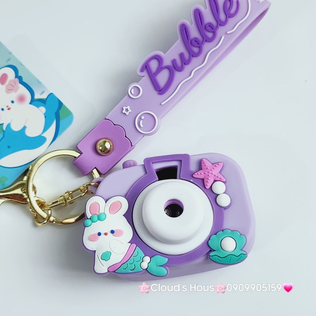 Móc Khóa Máy Ảnh Thỏ Trắng Bubble Có đèn