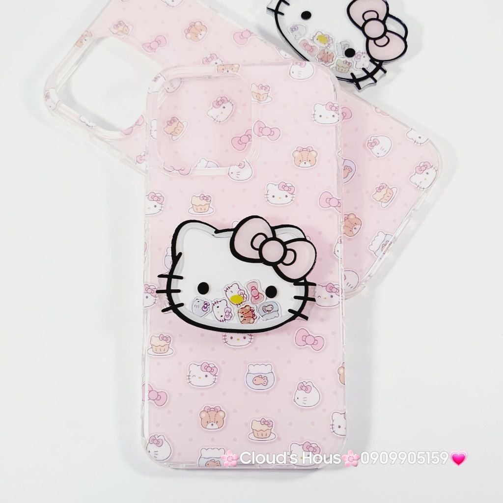 Case Ốp điện thoại iPhone Hello Kitty Nền Hồng PopSocket iPhone 12/13/14/15/16/Pro/Promax