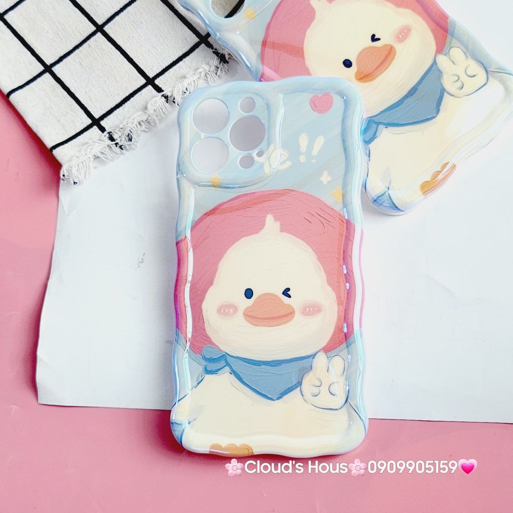 Case Ốp điện thoại iPhone Vịt Cute Đeo Yếm Hologram Viền Gợn Sóng iPhone 11/12/13/14/15/Pro/Promax