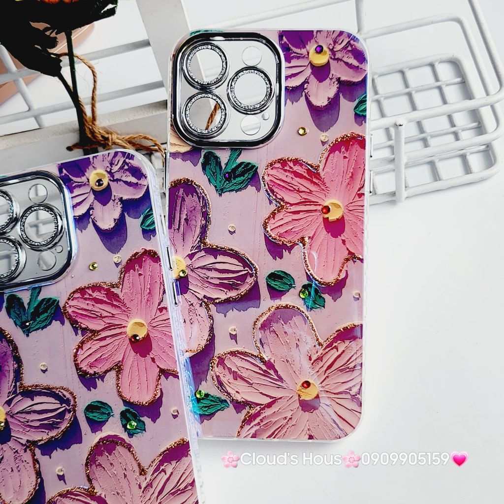 Case Ốp điện thoại iPhone Hoa To Hologram Nền Tím Đính đá Camera iPhone 11/12/13/14/15/Pro/Promax