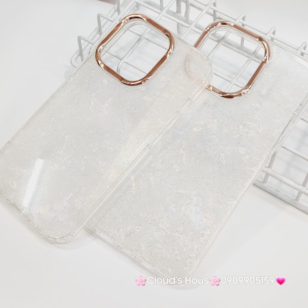 Case Ốp điện thoại iPhone Nền Trắng Ánh Xà Cừ Bling Bling Camera viền vàng Siêu Sang iPhone 12/13/14/15/16/Pro/Promax