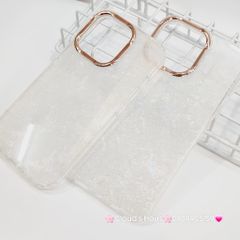 Case Ốp điện thoại iPhone Nền Trắng Ánh Xà Cừ Bling Bling Camera viền vàng Siêu Sang iPhone 12/13/14/15/16/Pro/Promax