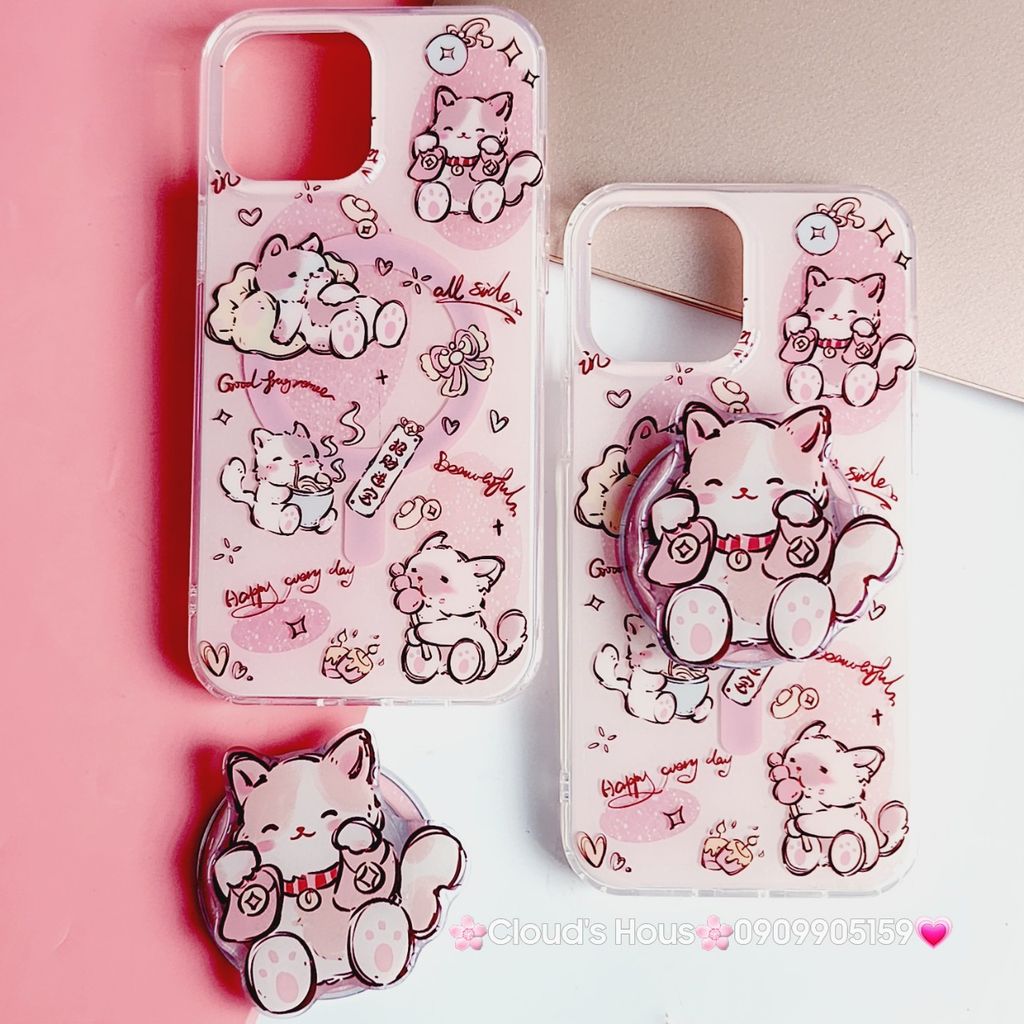 Case Ốp điện thoại iPhone Mèo Hồng May Mắn Kèm Popsocket Magsafe Nam Châm iPhone 11/12/13/14/15/Pro/Promax