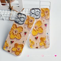 Case Ốp điện thoại iPhone HOA Nền Vàng Hologram Bảo vệ Camera Đính Đá iPhone 11/12/13/14/15/Pro/Promax