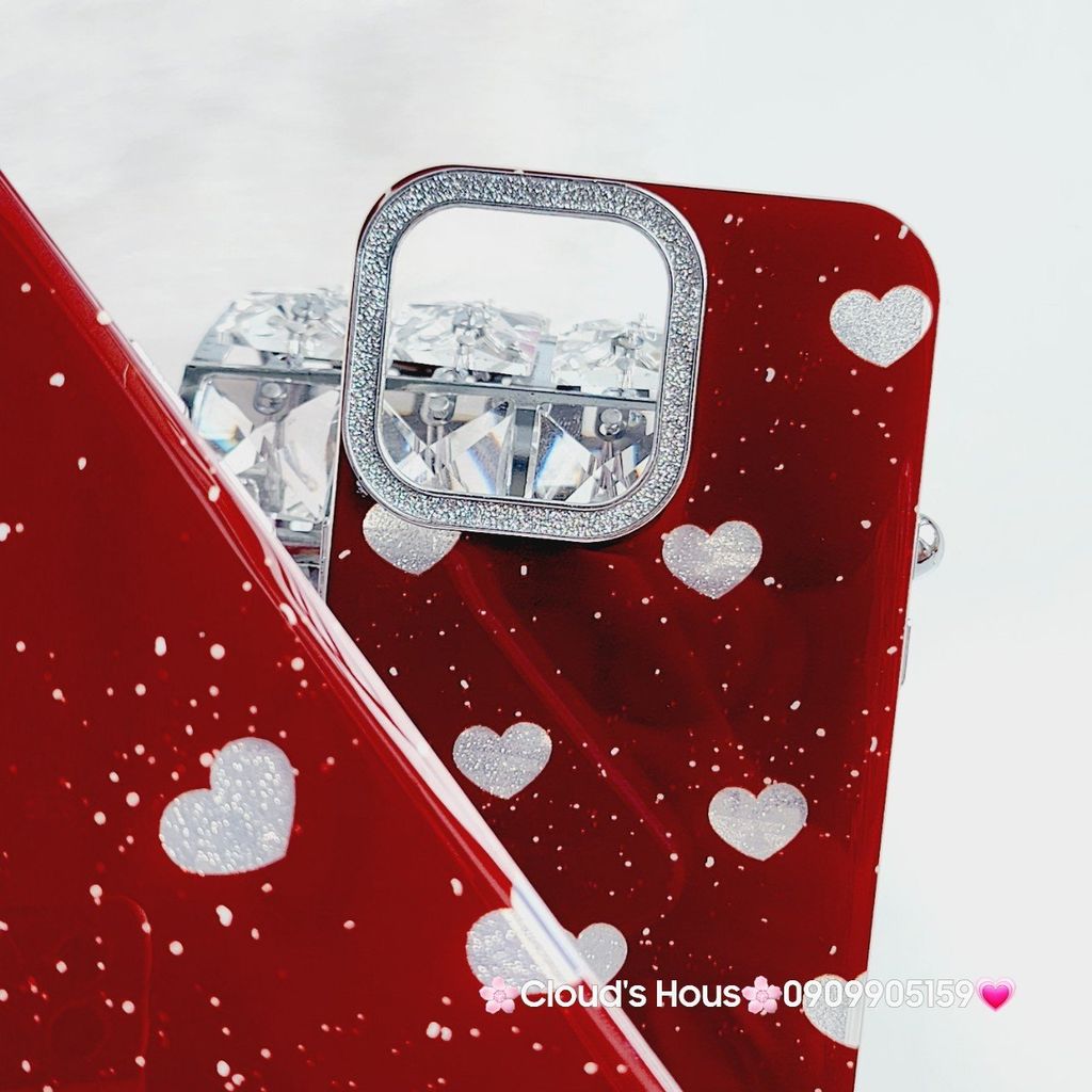 Case Ốp điện thoại iPhone Trái Tim Bạc Nền Đỏ Camera Viền Đính đá kèm bảo vệ Camera iPhone 11/12/13/14/15/Pro/Promax