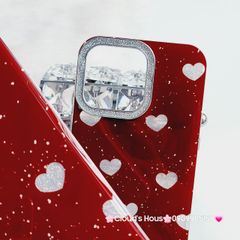 Case Ốp điện thoại iPhone Trái Tim Bạc Nền Đỏ Camera Viền Đính đá kèm bảo vệ Camera iPhone 11/12/13/14/15/Pro/Promax