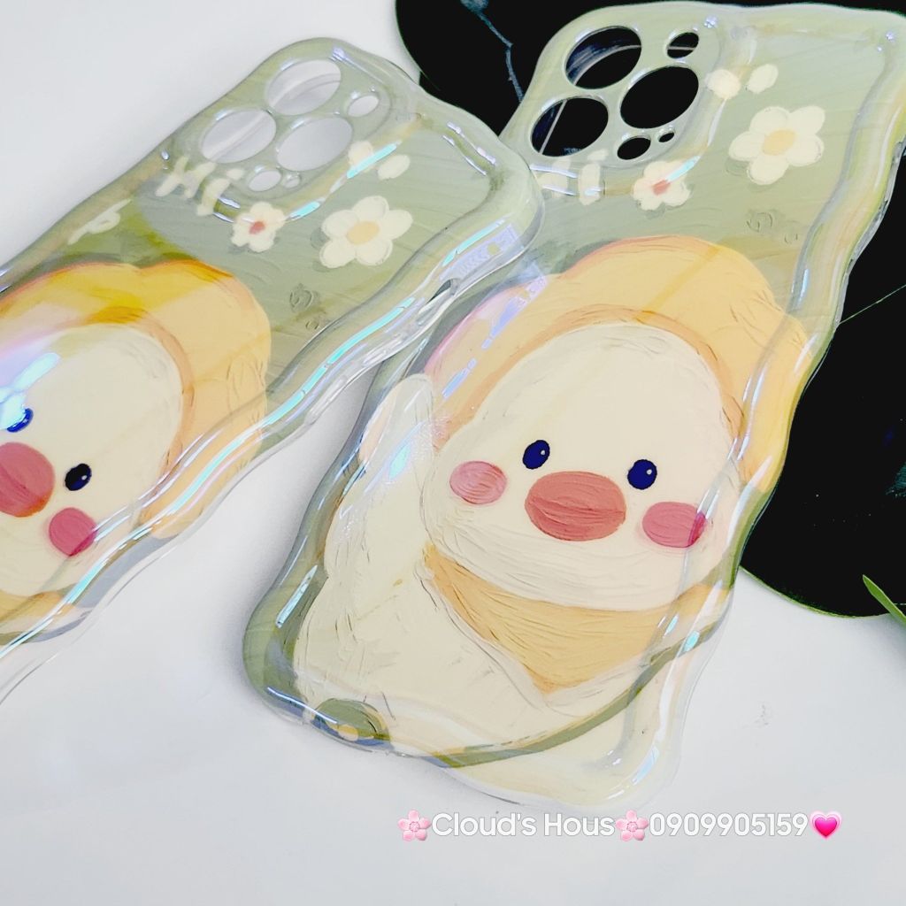 Case Ốp điện thoại iPhone Vịt Cute Đeo Yếm Hologram Viền Gợn Sóng iPhone 11/12/13/14/15/Pro/Promax