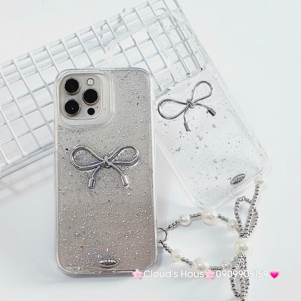 Case Ốp điện thoại iPhone Nơ Bạc Trong Bling Bling iPhone 12/13/14/15/Plus/Pro/Promax