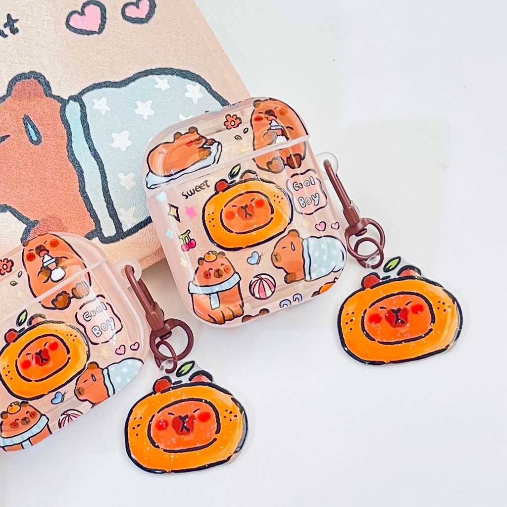 Cover Case Vỏ bảo vệ Airpod Chuột Capybara 3D Nổi Bóng kèm charm Airpod 1/2/3/Pro/Pro2