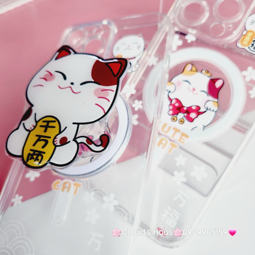 Case Ốp điện thoại iPhone Trong Magsafe Mèo may mắn Cute Cat kèm Popsocket iPhone 11/12/13/14/15/Pro/Plus/Promax - TẾT