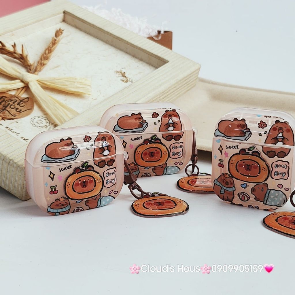 Cover Case Vỏ bảo vệ Airpod Chuột Capybara 3D Nổi Bóng kèm charm Airpod 1/2/3/Pro/Pro2
