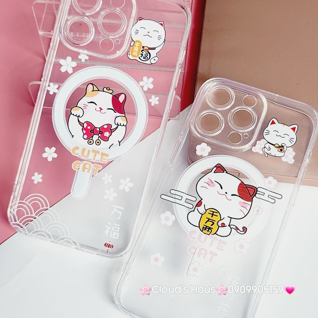 Case Ốp điện thoại iPhone Trong Magsafe Mèo may mắn Cute Cat kèm Popsocket iPhone 11/12/13/14/15/Pro/Plus/Promax - TẾT