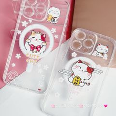 Case Ốp điện thoại iPhone Trong Magsafe Mèo may mắn Cute Cat kèm Popsocket iPhone 11/12/13/14/15/Pro/Plus/Promax - TẾT