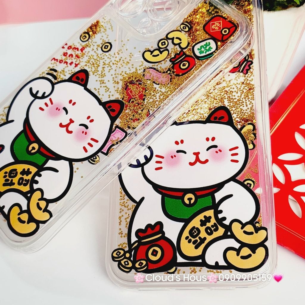 Case Ốp điện thoại iPhone Mèo May Mắn Nước Bling Bling iPhone 11/12/13/14/15/Pro/Promax - TẾT