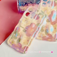 Case Ốp điện thoại iPhone HOA Hologram nền vàng Nổi Viền Gợn Sóng iPhone 12/13/14/15/Pro/Promax