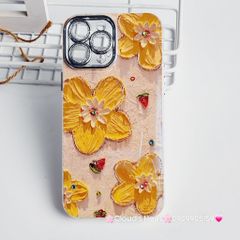 Case Ốp điện thoại iPhone HOA Nền Vàng Hologram Bảo vệ Camera Đính Đá iPhone 11/12/13/14/15/Pro/Promax