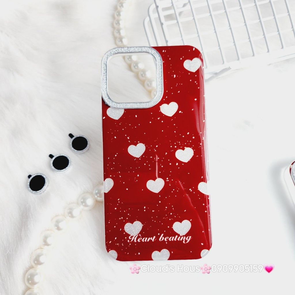 Case Ốp điện thoại iPhone Trái Tim Bạc Nền Đỏ Camera Viền Đính đá kèm bảo vệ Camera iPhone 11/12/13/14/15/Pro/Promax