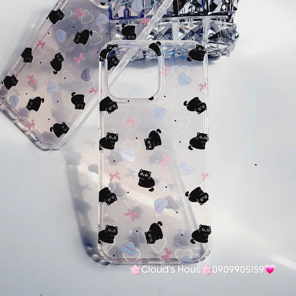 Case Ốp điện thoại iPhone Trong Mèo Đen Nền Tim Hologram iPhone 12/13/14/15/Pro/Promax