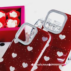 Case Ốp điện thoại iPhone Trái Tim Bạc Nền Đỏ Camera Viền Đính đá kèm bảo vệ Camera iPhone 11/12/13/14/15/Pro/Promax