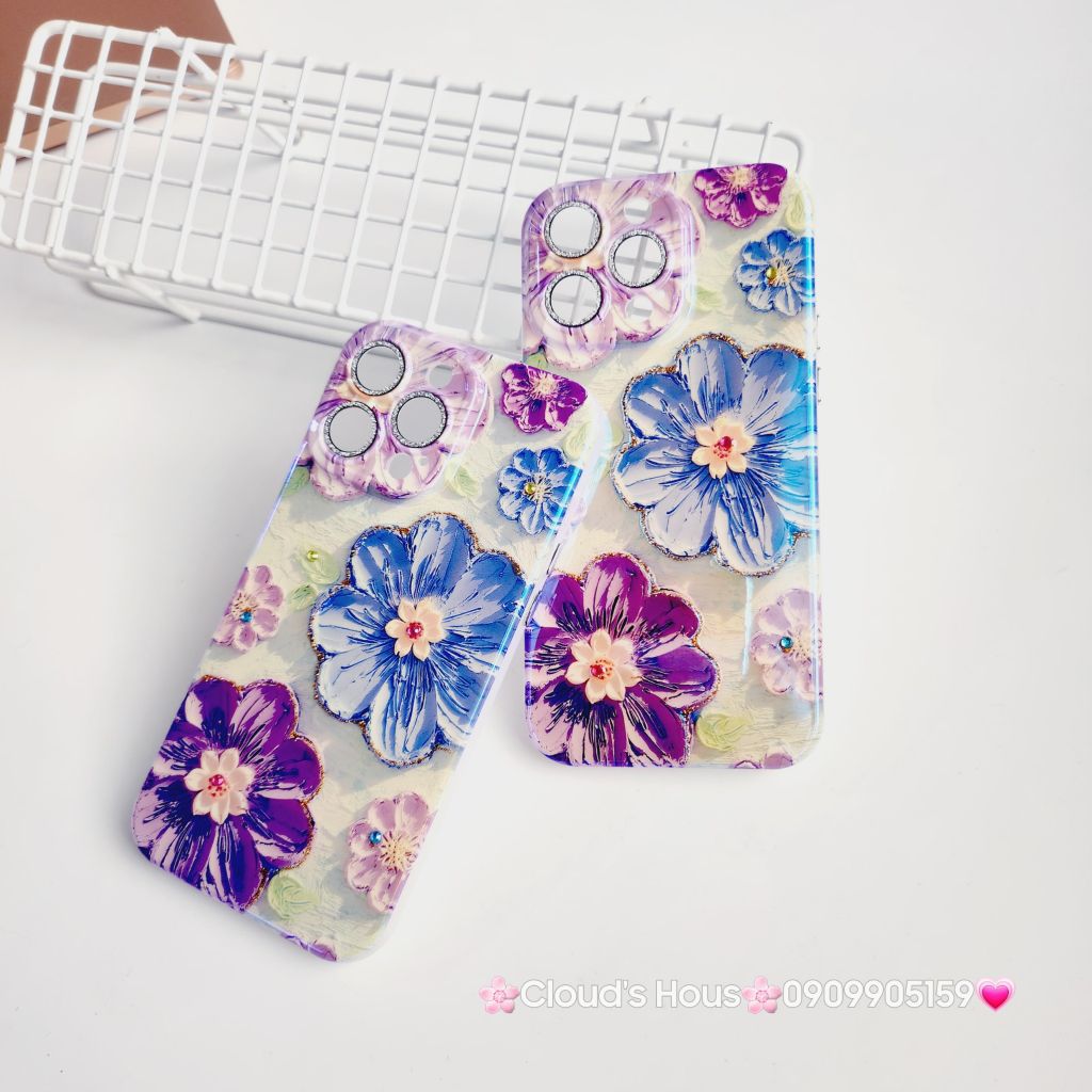 Case Ốp điện thoại iPhone Hoa Hologram nền xanh lá viền nhám bảo vệ cụm camera đính đá iPhone 11/12/13/14/15/Pro/Promax