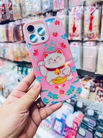 Case Ốp điện thoại iPhone MÈO MAY MẮN ẩn kim tuyến Hồng iPhone 11/12/13/14/15/16/Pro/Promax TẾT