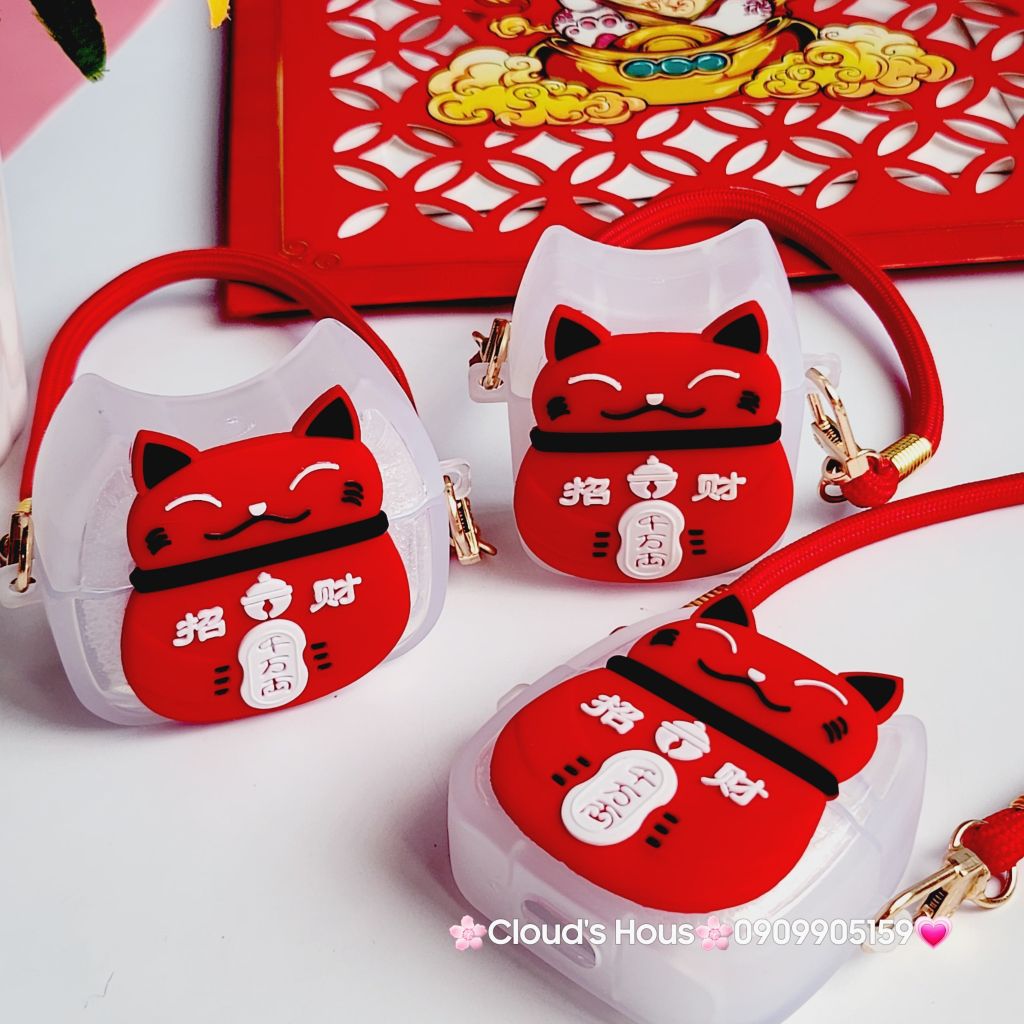 Cover Case Vỏ bảo vệ Airpod Mèo May Mắn Nhám Đỏ Có Dây Xách Airpod 1/2/3/Pro/Pro2 - TẾT