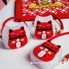 Cover Case Vỏ bảo vệ Airpod Mèo May Mắn Nhám Đỏ Có Dây Xách Airpod 1/2/3/Pro/Pro2 - TẾT