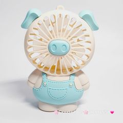 Quạt Cầm Tay Tai rời Heo - Thỏ mặc váy yếm xanh