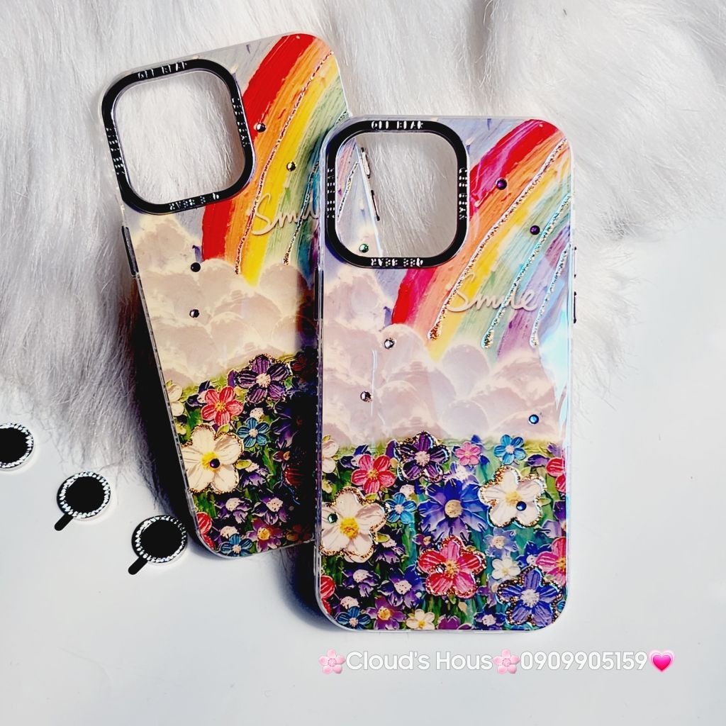 Case Ốp điện thoại iPhone Vườn hoa Cầu vồng Hologram Smile Kèm bảo vệ camera iPhone 11/12/13/14/15/Pro/Plus/Promax