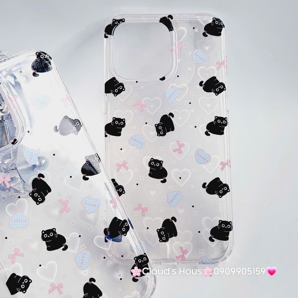 Case Ốp điện thoại iPhone Trong Mèo Đen Nền Tim Hologram iPhone 12/13/14/15/Pro/Promax