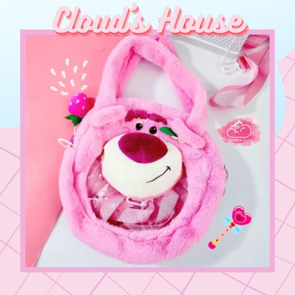 Túi đeo chéo Gấu dâu Lotso Trong Hồng nhạt 3D Nổi