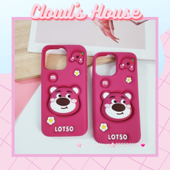 Case Ốp điện thoại iPhone Gấu Dâu Lotso Su dẻo 3D Nổi Popsocket iPhone 11/12/13/14/15/Plus/Pro/Promax