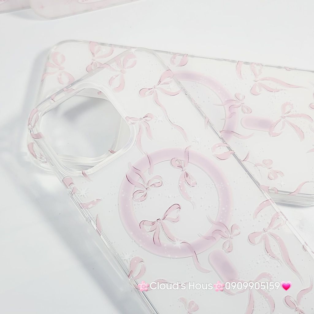Case Ốp điện thoại iPhone Magsafe Nền Trắng Nơ Hồng PopSocket iPhone 12/13/14/15/16/Pro/Promax