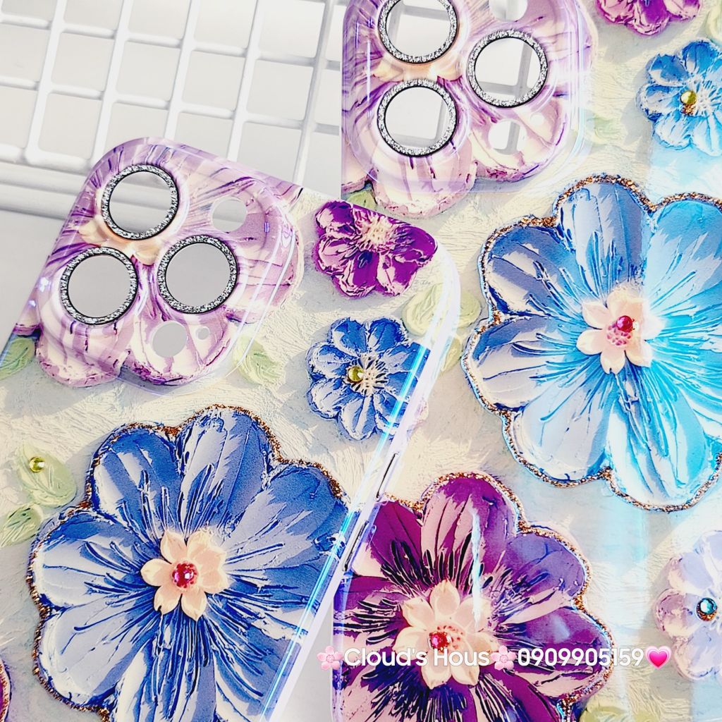 Case Ốp điện thoại iPhone Hoa Hologram nền xanh lá viền nhám bảo vệ cụm camera đính đá iPhone 11/12/13/14/15/Pro/Promax