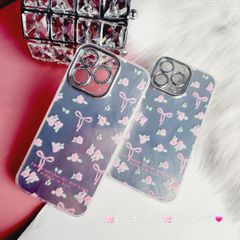 Case Ốp điện thoại iPhone Gương Nơ Hoa Camera đính đá kèm bảo vệ camera hologram iPhone 11/12/13/14/15/Pro/Promax