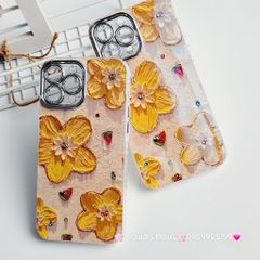 Case Ốp điện thoại iPhone HOA Nền Vàng Hologram Bảo vệ Camera Đính Đá iPhone 11/12/13/14/15/Pro/Promax