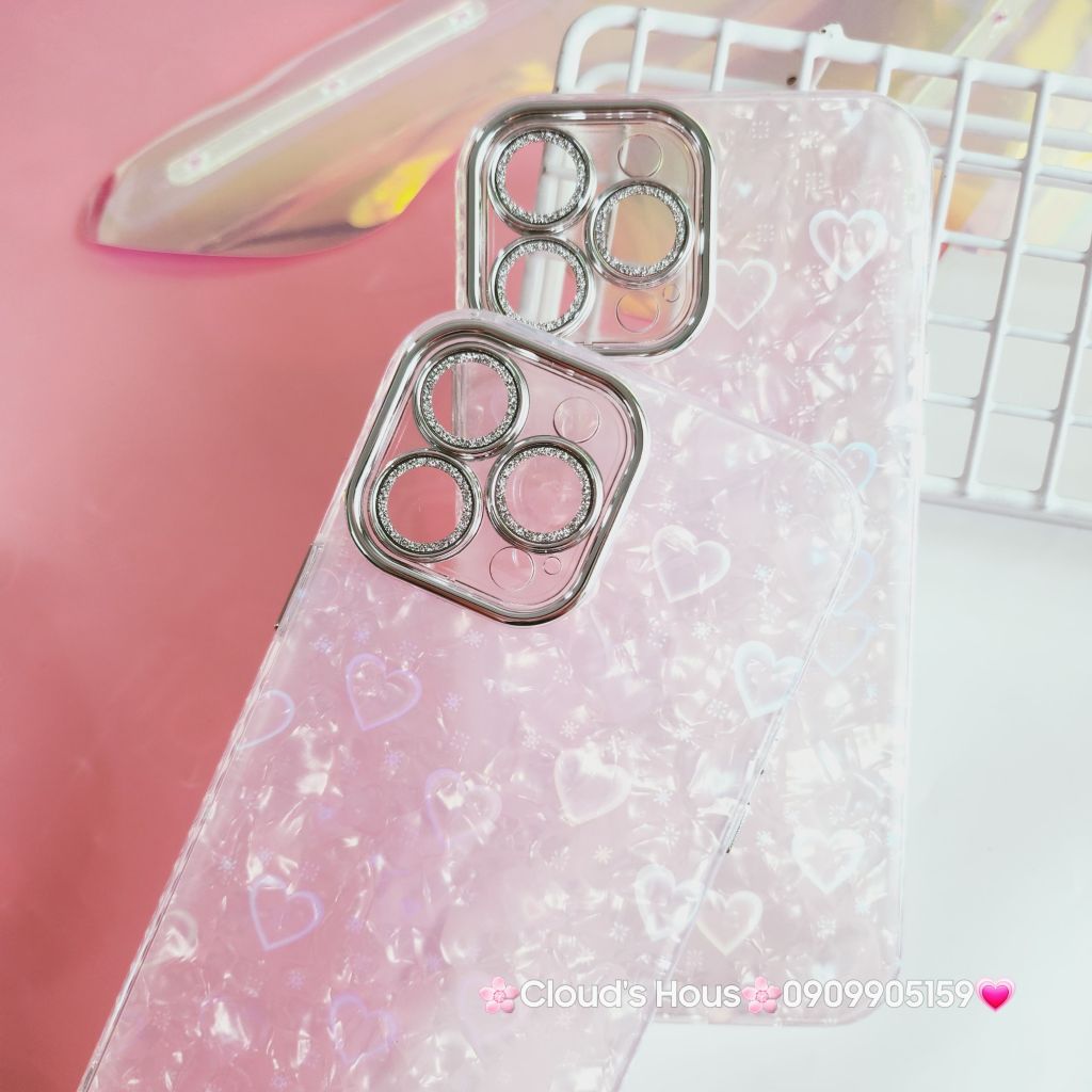 Case Ốp điện thoại iPhone Tim Hồng Ánh Xà Cừ Đính đá bảo vệ camera iPhone 11/12/13/14/15/Pro/Promax