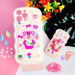 Case Ốp điện thoại iPhone Gấu dâu Lotso Chất phao Viền gợn sóng Kèm popsoket iPhone 11/12/13/14/Plus/Pro/Promax