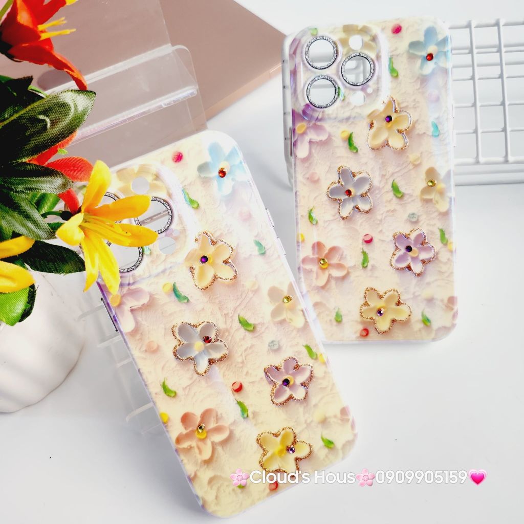 Case Ốp điện thoại iPhone Hoa Hologram nền vàng viền nhám bảo vệ cụm camera đính đá iPhone 11/12/13/14/15/Pro/Promax