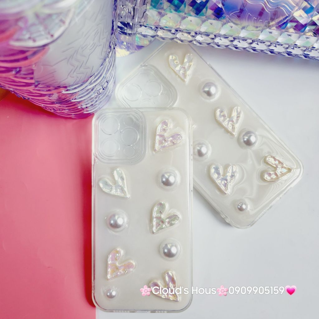 Case Ốp điện thoại iPhone Bling Bling icon Trái Tim ngọc trai nổi iPhone 11/12/13/14/Pro/Promax