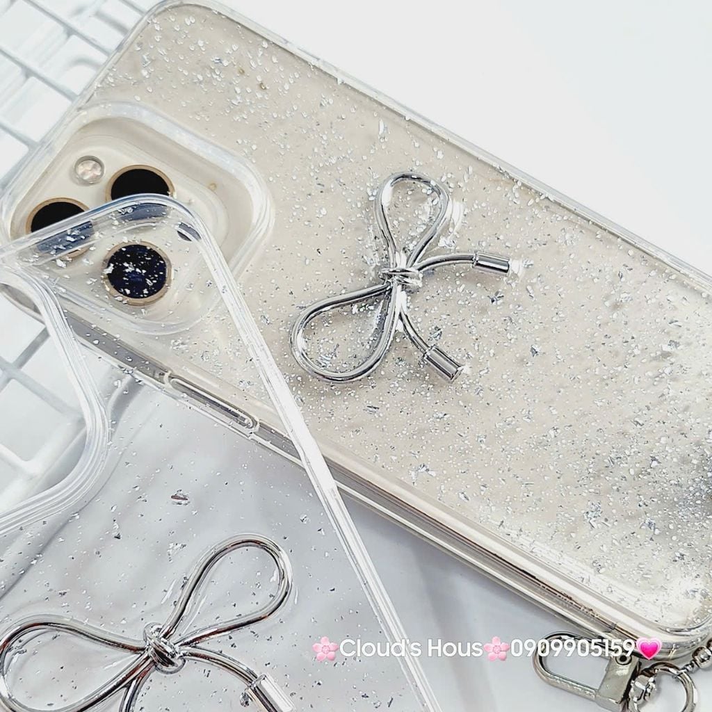 Case Ốp điện thoại iPhone Nơ Bạc Trong Bling Bling iPhone 12/13/14/15/Plus/Pro/Promax