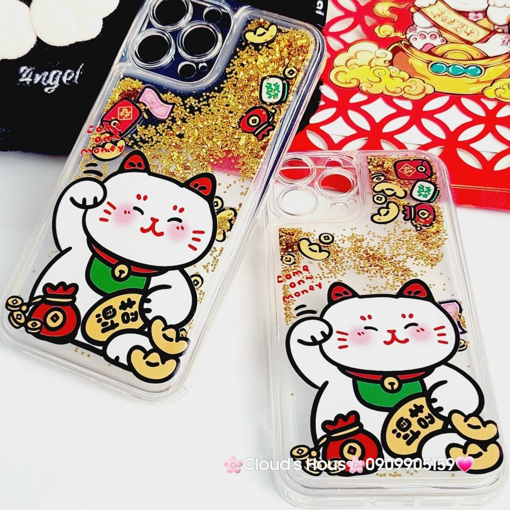 Case Ốp điện thoại iPhone Mèo May Mắn Nước Bling Bling iPhone 11/12/13/14/15/Pro/Promax - TẾT