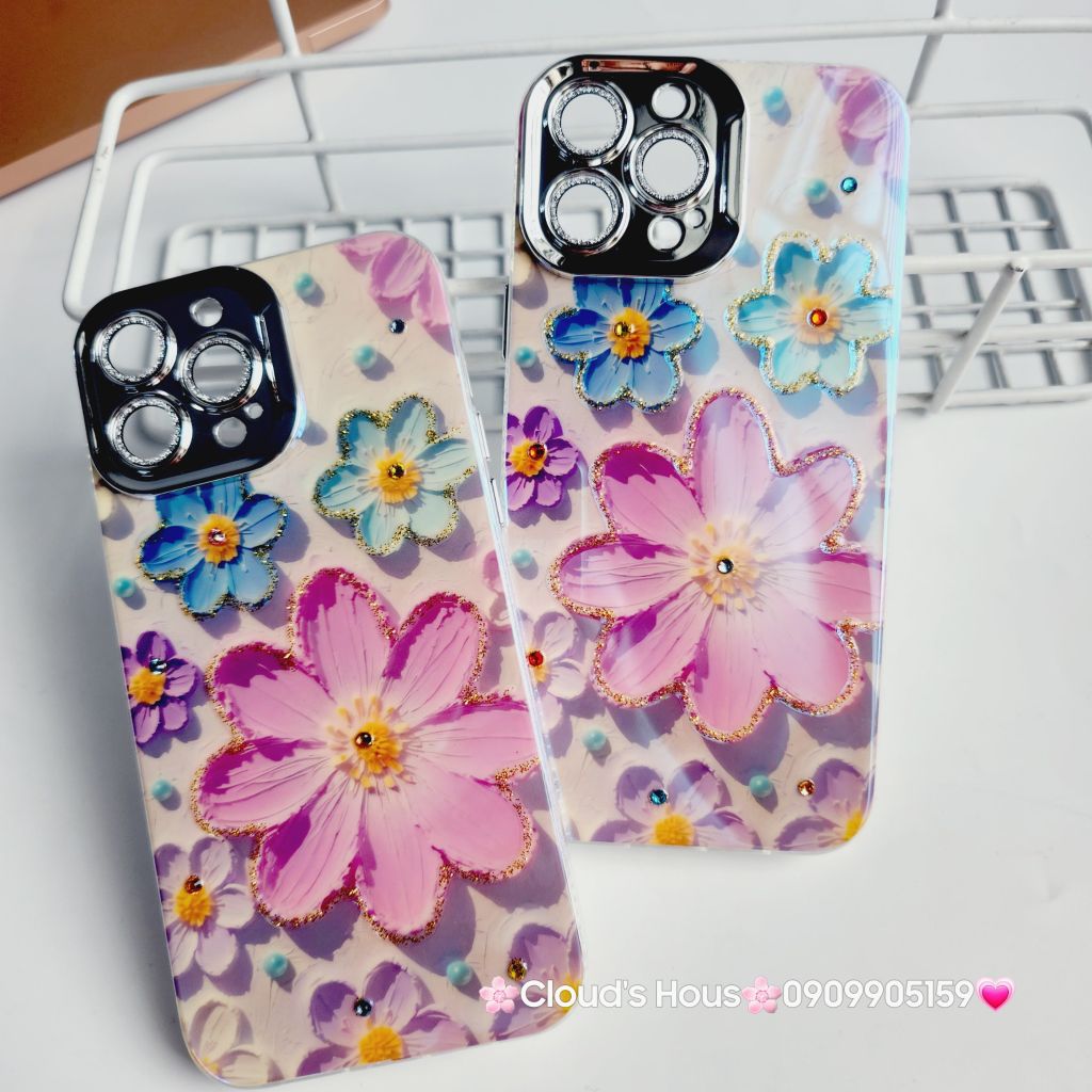 Case Ốp điện thoại iPhone Hoa To Hologram Nền Tím Viền Camera đính đá Classic iPhone 11/12/13/14/15/Pro/Plus/Promax