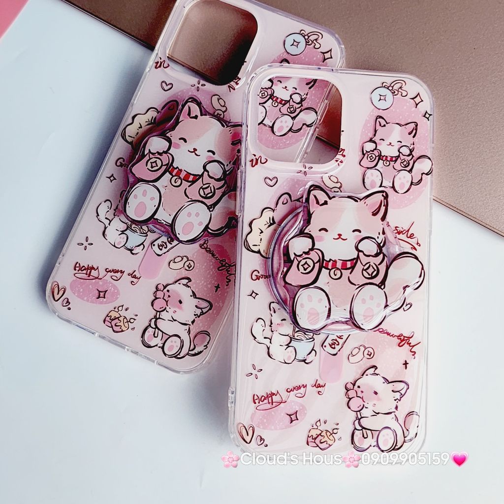 Case Ốp điện thoại iPhone Mèo Hồng May Mắn Kèm Popsocket Magsafe Nam Châm iPhone 11/12/13/14/15/Pro/Promax