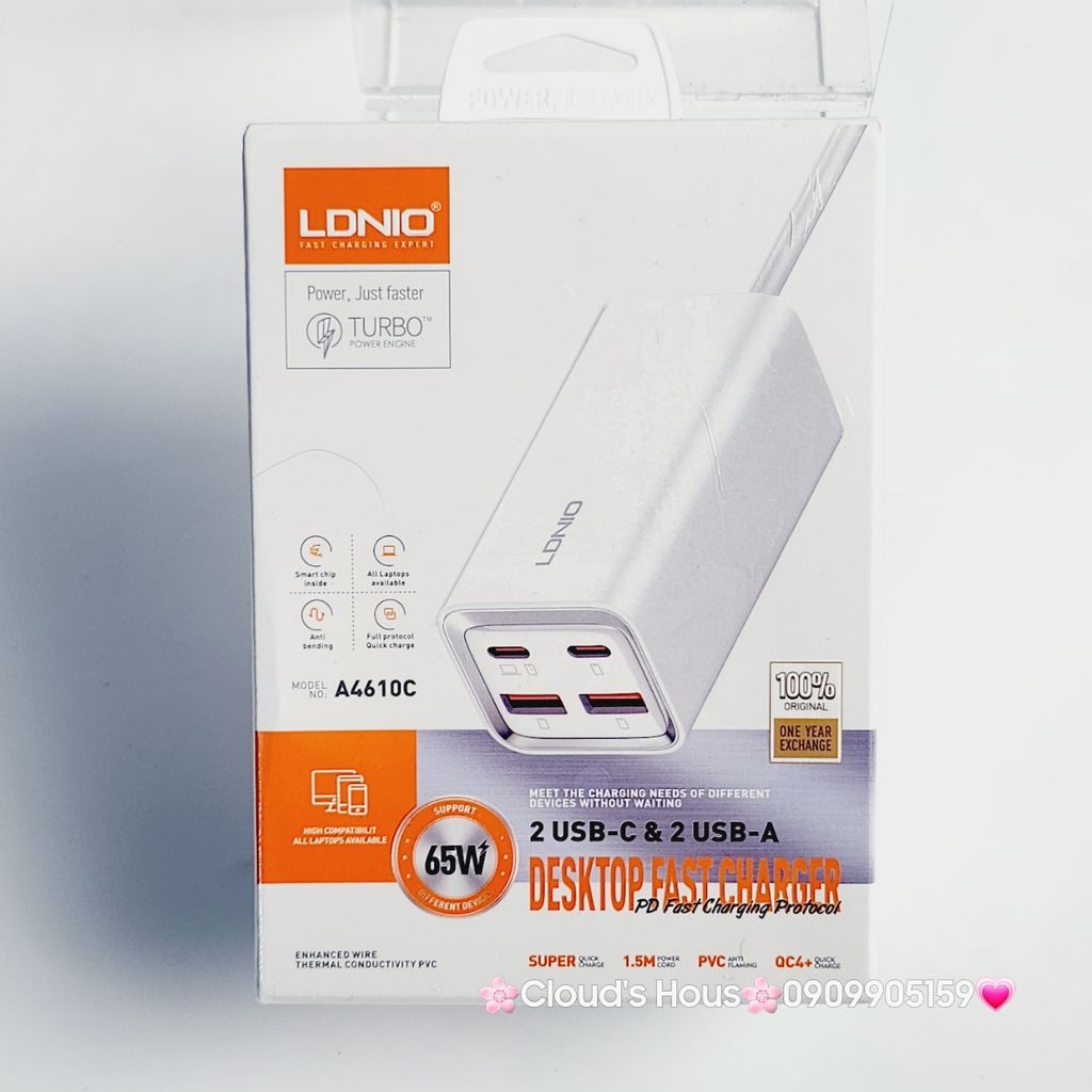 Ổ CẮM Thông minh sạc nhanh LDNIO A4610C - 02 cổng Type A + 02 cổng Type C - PD 65W ( Cóc sạc)