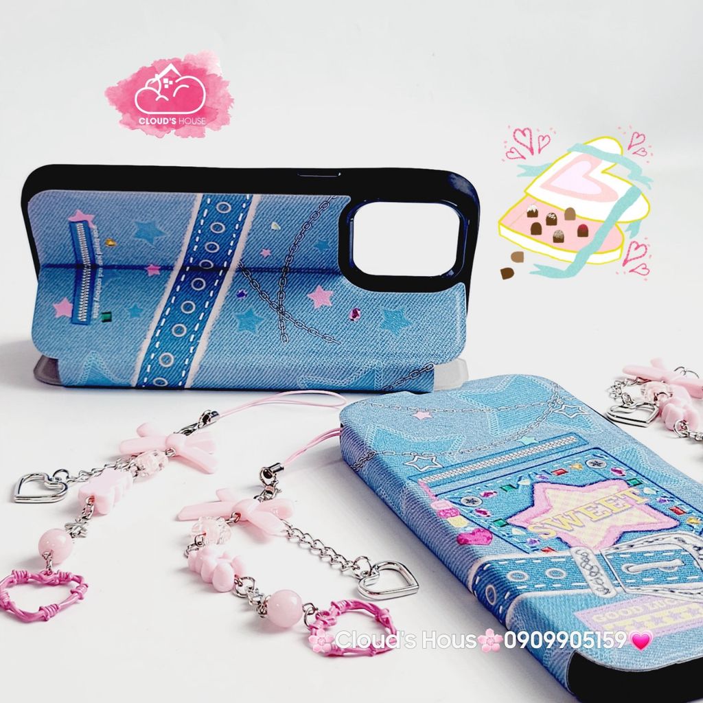 Case Ốp điện thoại iPhone Bao Da Jeans Sweet Kèm Charm iPhone 11/12/13/14/15/Pro/Promax