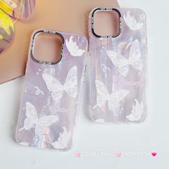 Case Ốp điện thoại iPhone Bướm Trắng Butterfly Ánh Xà Cừ Nền Hồng kèm bảo vệ camera đính đá iPhone 11/12/13/14/15/Pro/Promax