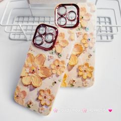 Case Ốp điện thoại iPhone Hoa To Hologram Nền Vàng Viền Camera đính đá Classic 11/12/13/14/15/Pro/Plus/Promax