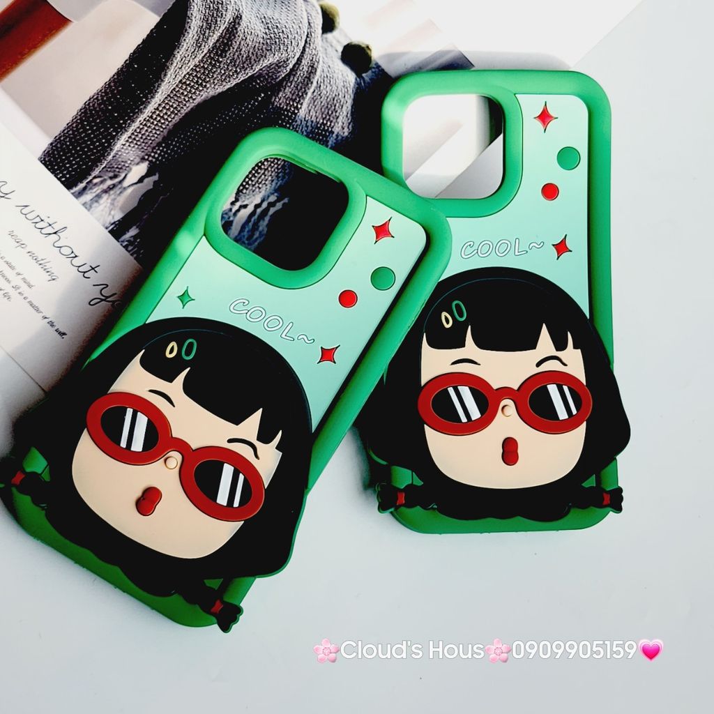 Case Ốp điện thoại iPhone Su dẻo Bé Gái Đeo Kính Cool Xanh lá iPhone 11/12/13/14/15/Pro/Promax